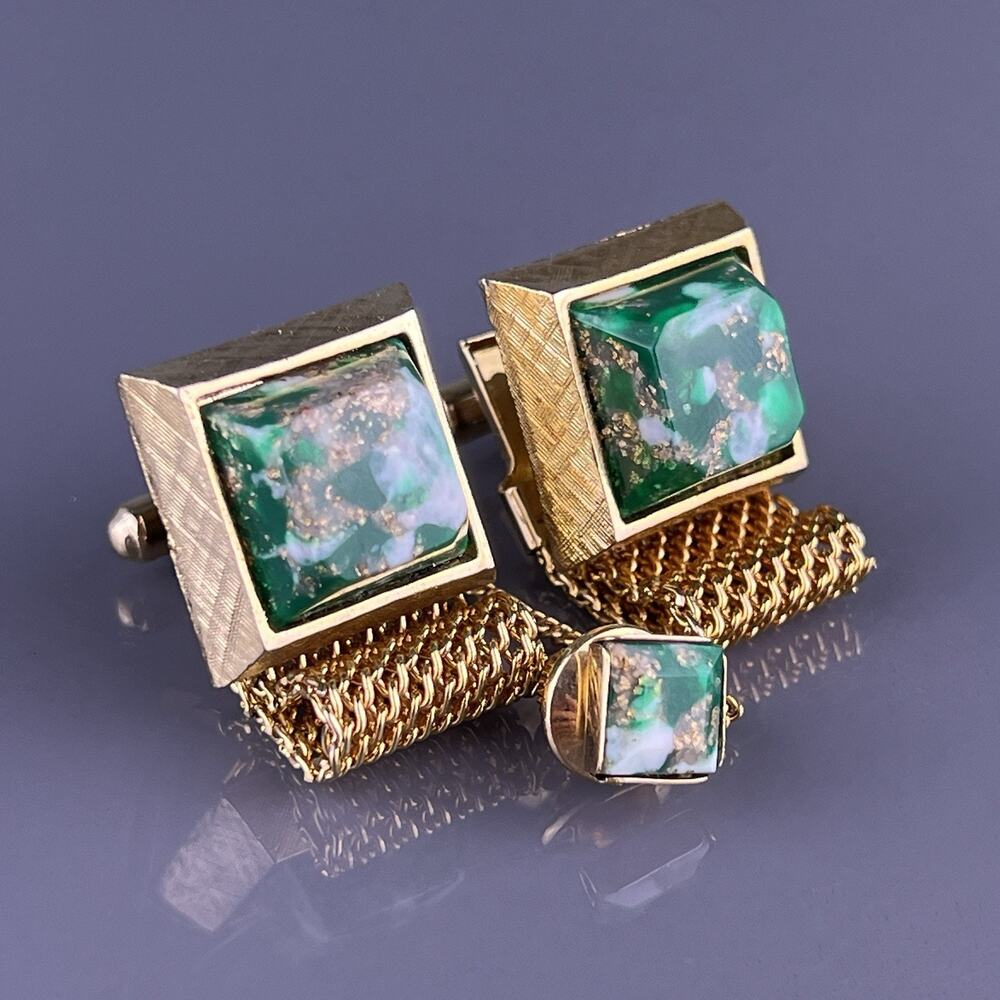 Green White Gold Flake Cufflinks Wrap Around Tie Pin Acrylic Gold Tone Vintage
